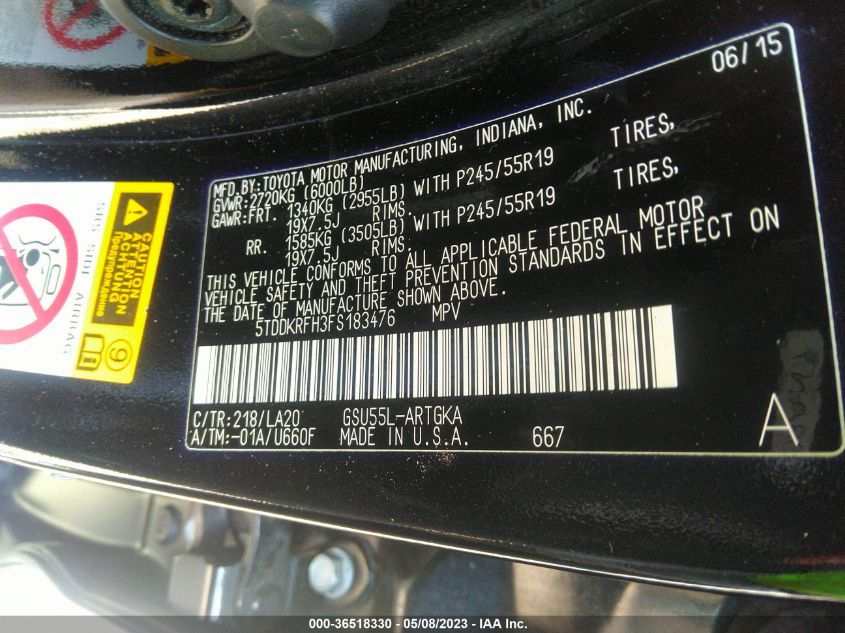 2015 TOYOTA HIGHLANDER LIMITED - 5TDDKRFH3FS183476