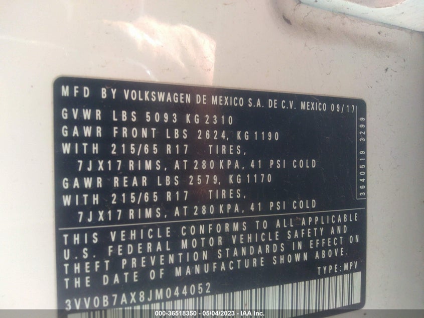 VIN 3VV0B7AX8JM044052 2018 VOLKSWAGEN TIGUAN S