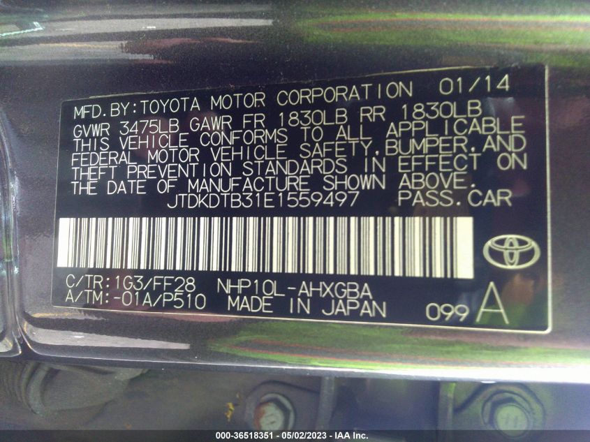 2014 TOYOTA PRIUS C ONE/THREE/TWO/FOUR - JTDKDTB31E1559497
