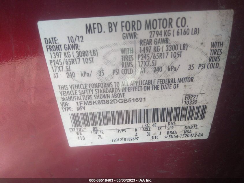 2013 FORD EXPLORER BASE - 1FM5K8B82DGB51691