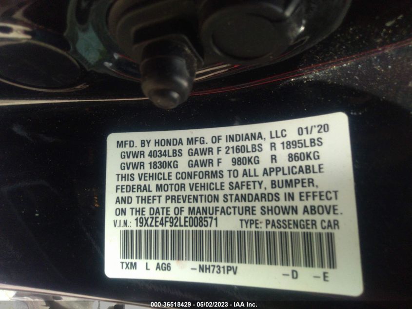 2020 HONDA INSIGHT TOURING 19XZE4F92LE008571