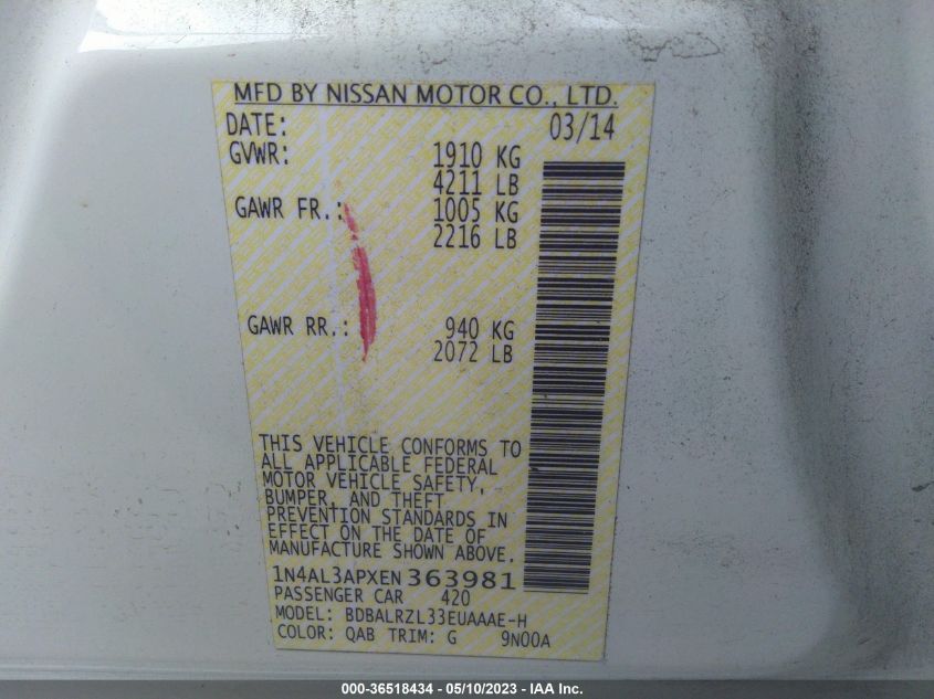 2014 NISSAN ALTIMA 2.5 S - 1N4AL3APXEN363981