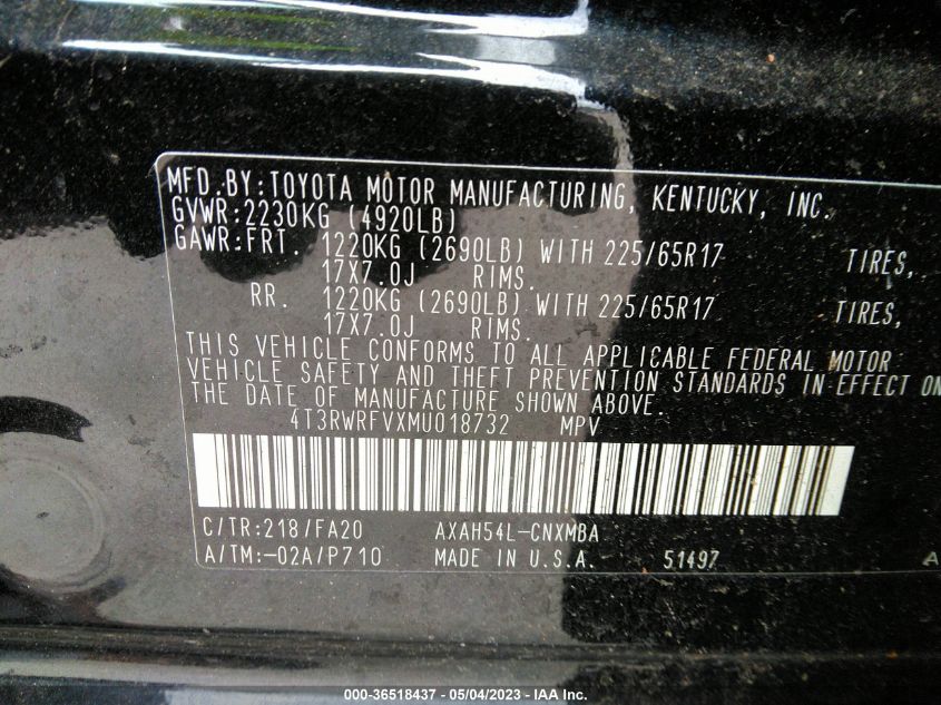 2021 TOYOTA RAV4 HYBRID XLE - 4T3RWRFVXMU018732