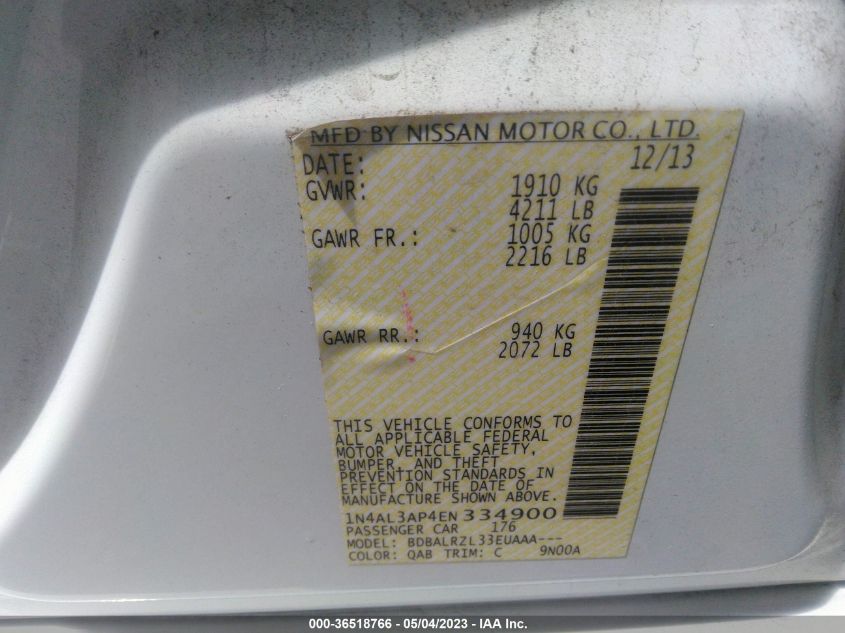 2014 NISSAN ALTIMA 2.5 S - 1N4AL3AP4EN334900