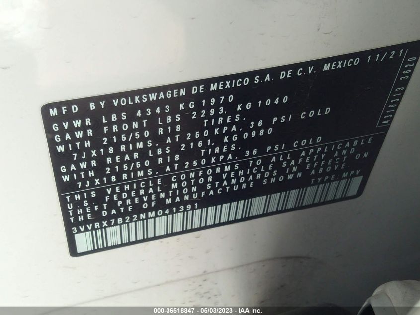2022 VOLKSWAGEN TAOS SE - 3VVRX7B22NM041391
