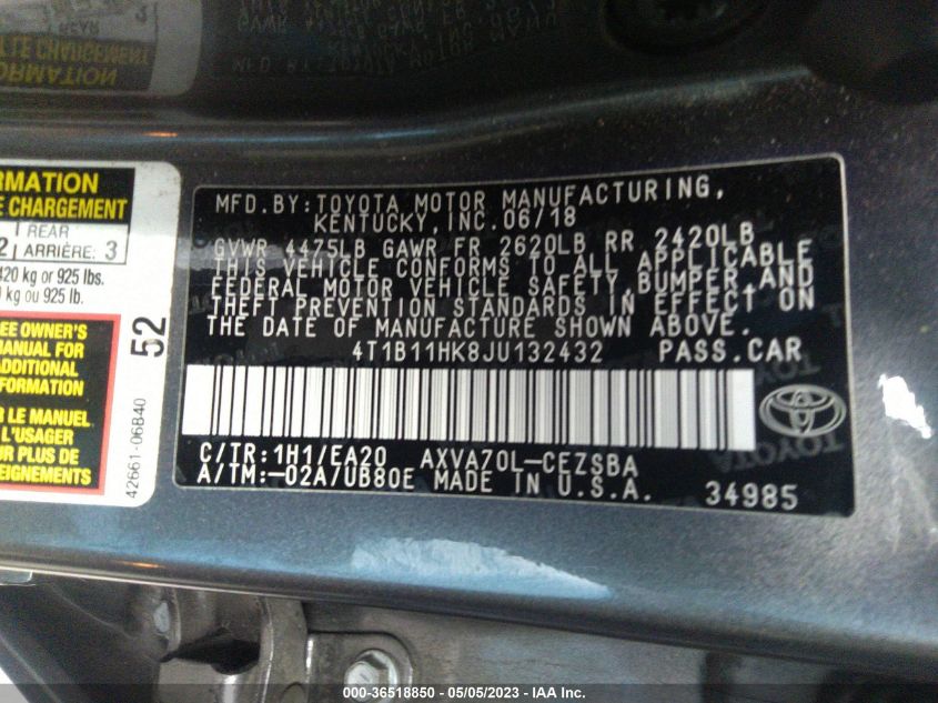 2018 TOYOTA CAMRY SE - 4T1B11HK8JU132432