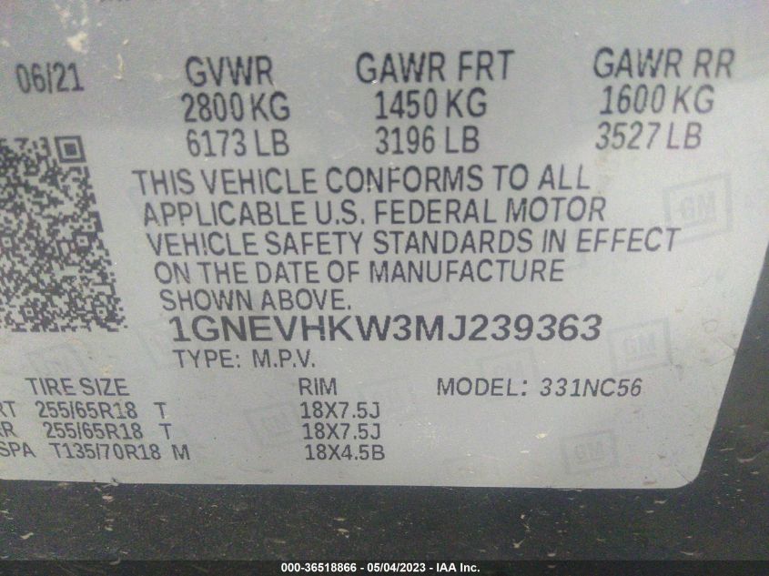 2021 CHEVROLET TRAVERSE LT LEATHER - 1GNEVHKW3MJ239363