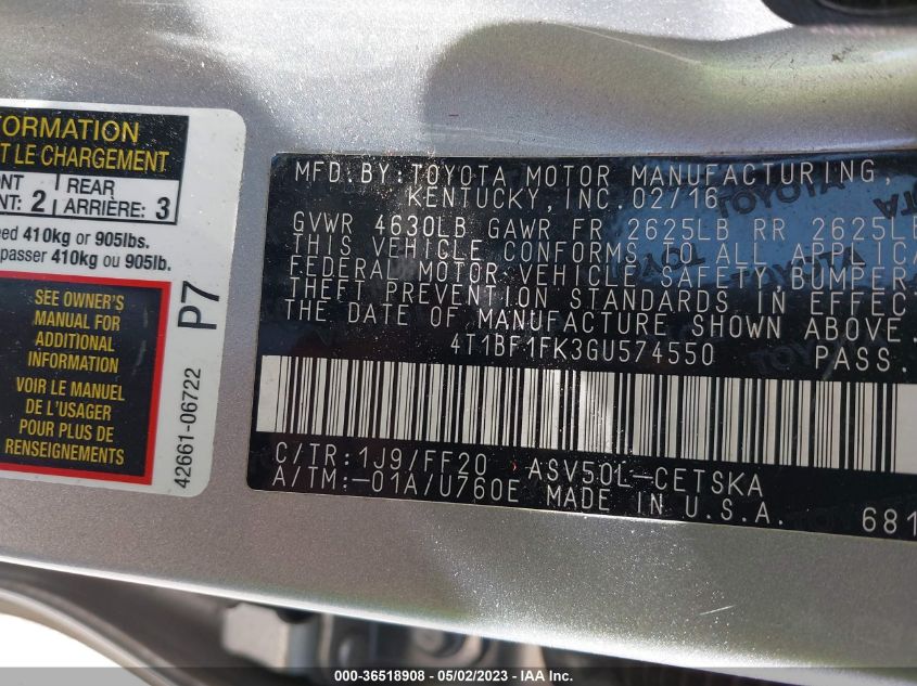 2016 TOYOTA CAMRY XLE/SE/LE/XSE - 4T1BF1FK3GU574550