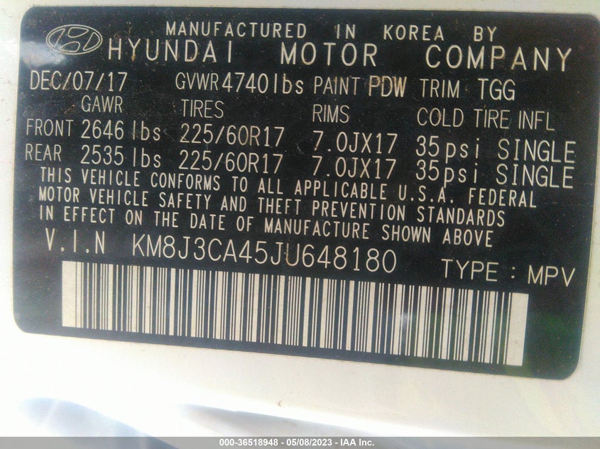 VIN KM8J3CA45JU648180 2018 HYUNDAI TUCSON SEL