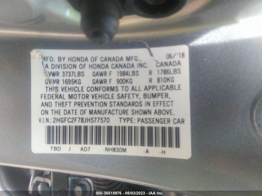 2018 HONDA CIVIC SEDAN EX - 2HGFC2F78JH577570