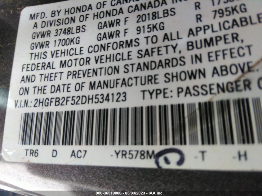 2013 HONDA CIVIC SDN LX - 2HGFB2F52DH534123