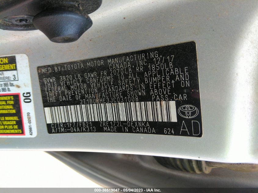 2018 TOYOTA COROLLA LE - 2T1BURHE3JC031008