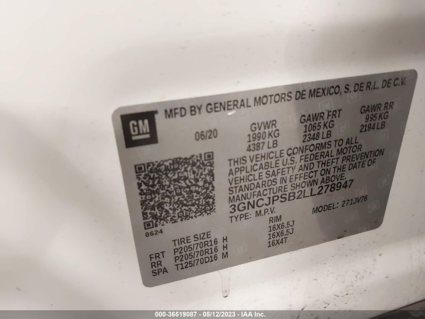 2020 CHEVROLET TRAX LT - 3GNCJPSB2LL278947