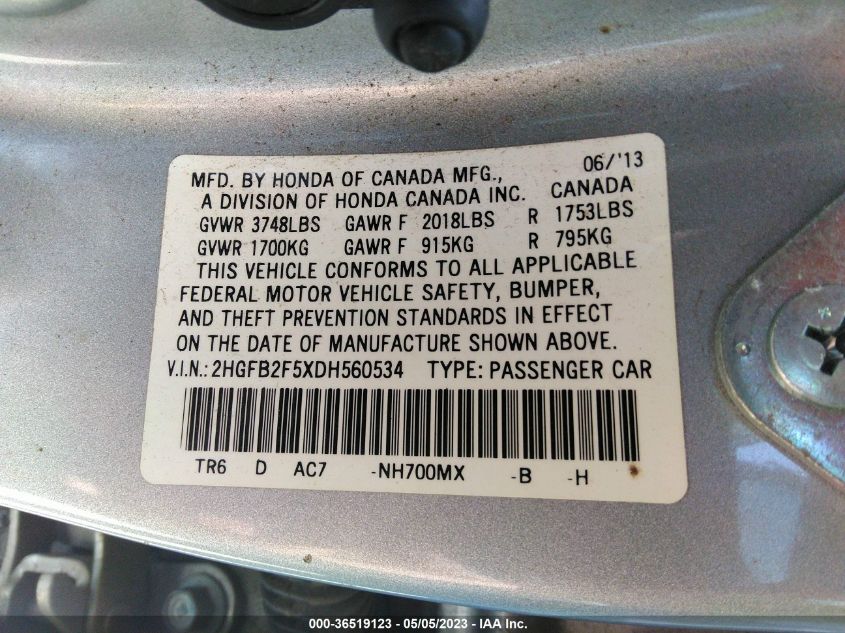 2013 HONDA CIVIC SDN LX - 2HGFB2F5XDH560534