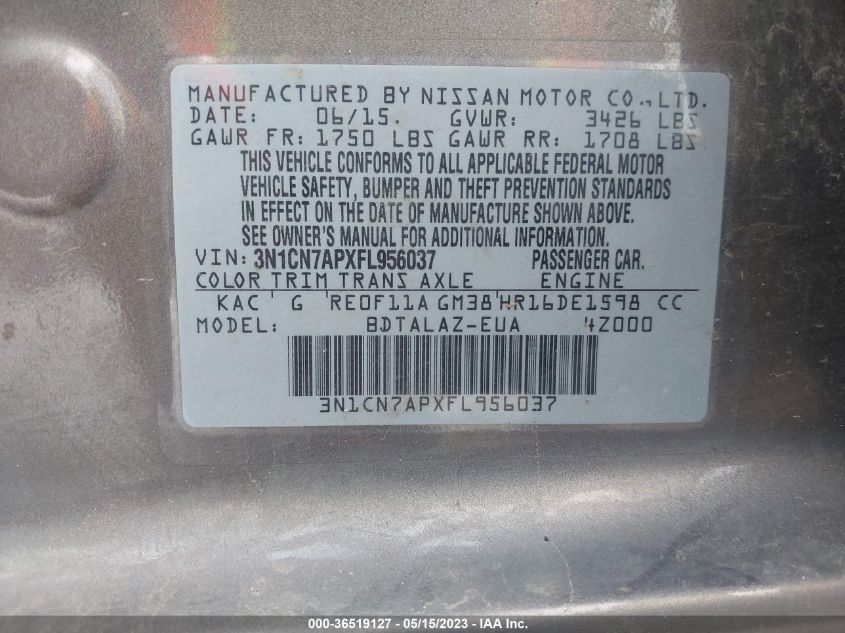2015 NISSAN VERSA S PLUS - 3N1CN7APXFL956037