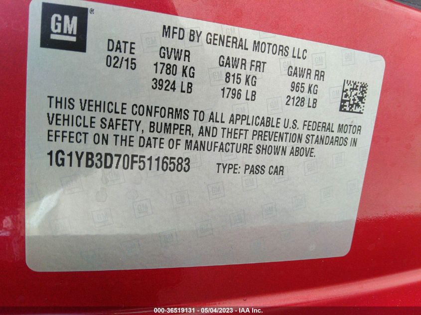 2015 CHEVROLET CORVETTE 1LT - 1G1YB3D70F5116583