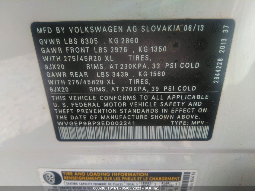 2014 VOLKSWAGEN TOUAREG EXEC WVGEP9BP3ED002241