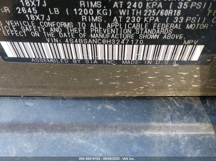 2017 SUBARU OUTBACK LIMITED - 4S4BSANC6H3247170