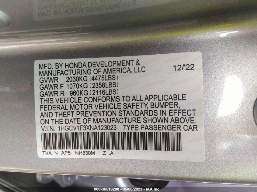 2022 HONDA ACCORD SEDAN SPORT - 1HGCV1F3XNA123023