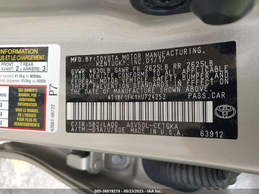 2017 TOYOTA CAMRY XLE/SE/LE/XSE - 4T1BF1FK1HU724253