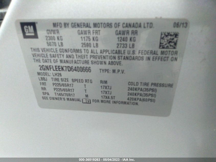 2013 CHEVROLET EQUINOX LT - 2GNFLEEK7D6400666
