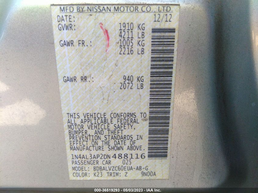 2013 NISSAN ALTIMA 2.5 SL - 1N4AL3AP2DN488116
