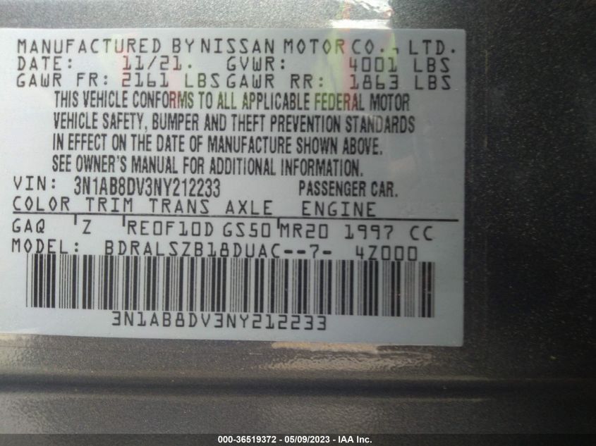 2022 NISSAN SENTRA SR - 3N1AB8DV3NY212233