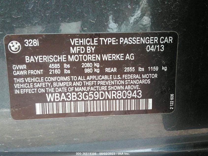 2013 BMW 3 SERIES 328I XDRIVE - WBA3B3G59DNR80943