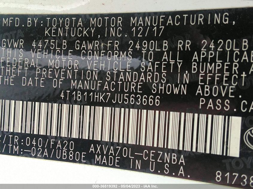 2018 TOYOTA CAMRY LE/SE/XLE/L - 4T1B11HK7JU563666