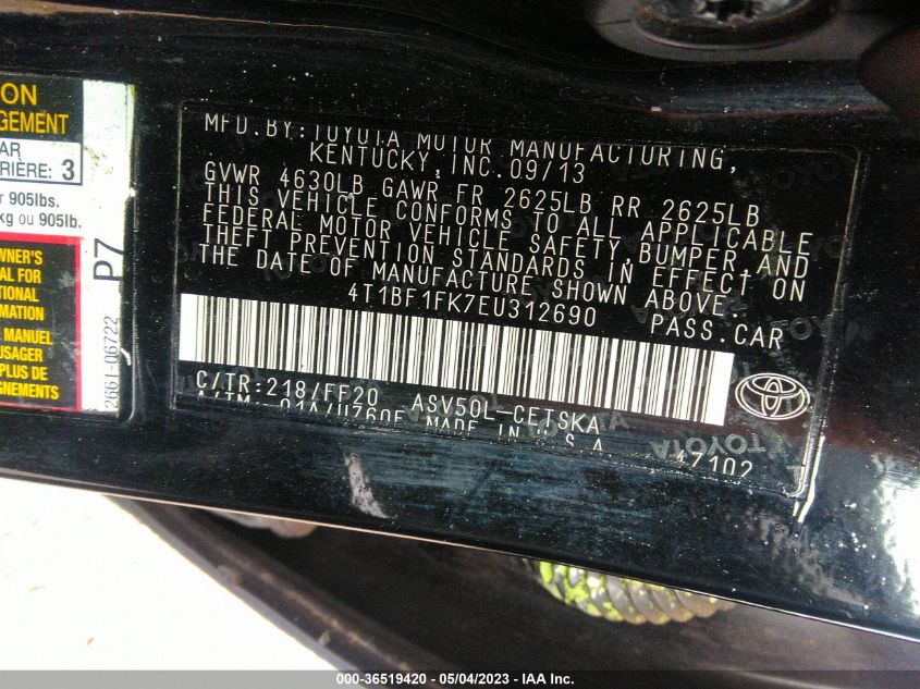 2014 TOYOTA CAMRY L/LE/XLE/SE/SE SPORT - 4T1BF1FK7EU312690