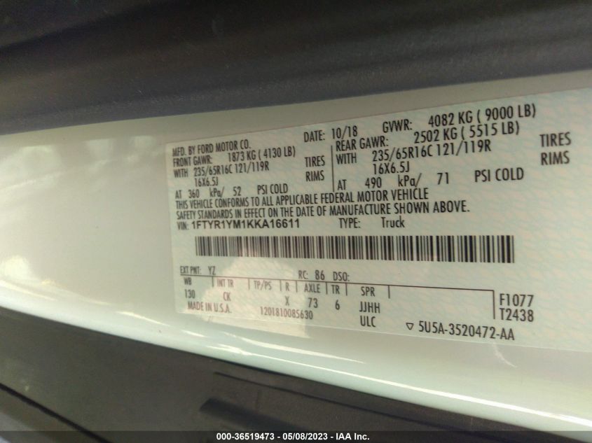 2019 FORD TRANSIT VAN - 1FTYR1YM1KKA16611