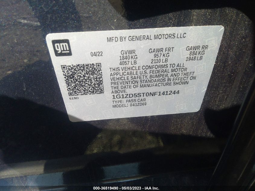 2022 CHEVROLET MALIBU LT - 1G1ZD5ST0NF141244