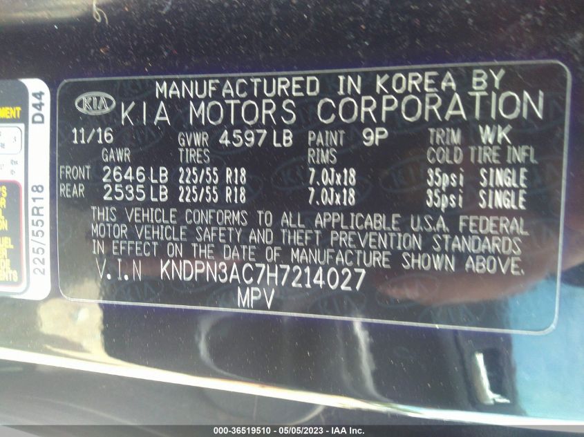 2017 KIA SPORTAGE EX - KNDPN3AC7H7214027