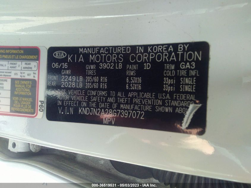 2016 KIA SOUL BASE - KNDJN2A28G7397072