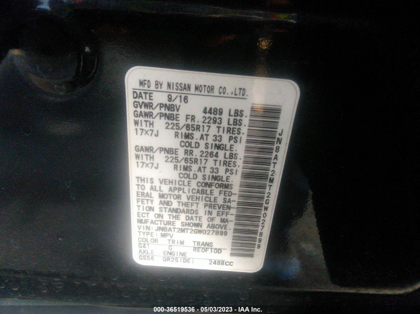 2016 NISSAN ROGUE S - JN8AT2MT2GW027899