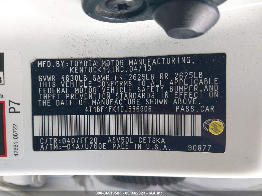 2013 TOYOTA CAMRY L/LE/SE/XLE - 4T1BF1FK1DU686906