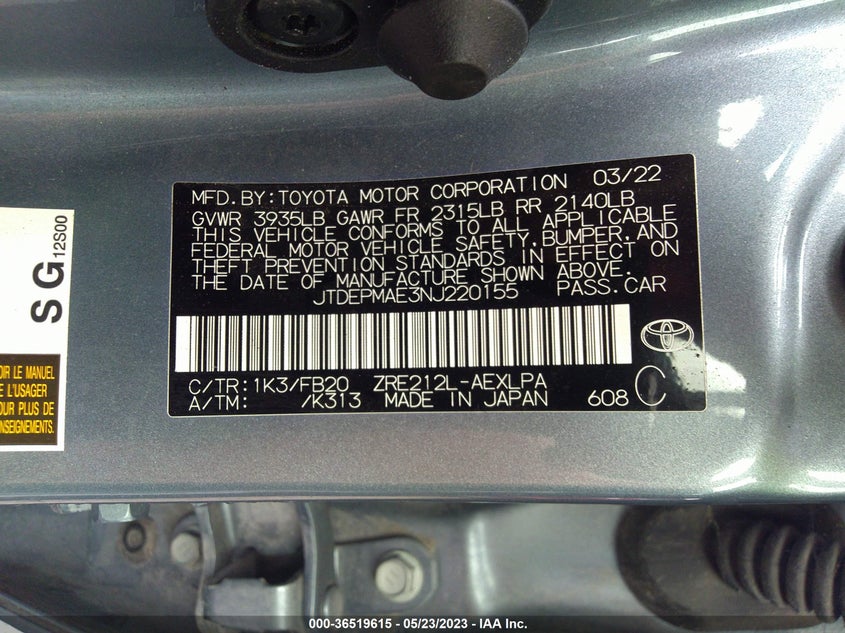 VIN JTDEPMAE3NJ220155 2022 TOYOTA COROLLA LE