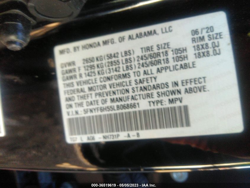 2020 HONDA PILOT EX-L - 5FNYF6H55LB068661