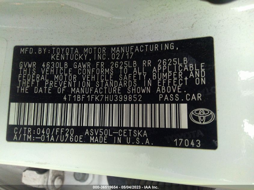 2017 TOYOTA CAMRY XLE/SE/LE/XSE - 4T1BF1FK7HU399852