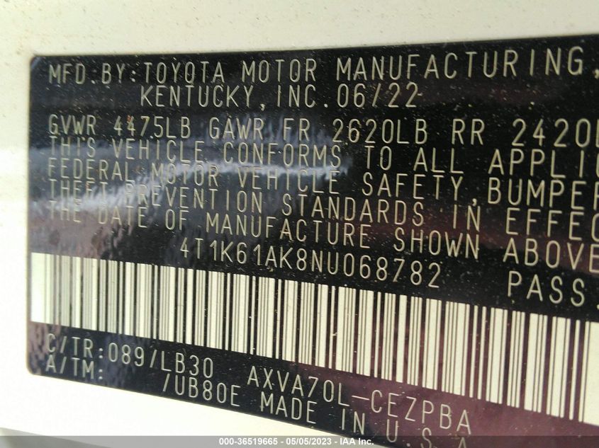 2022 TOYOTA CAMRY XSE - 4T1K61AK8NU068782