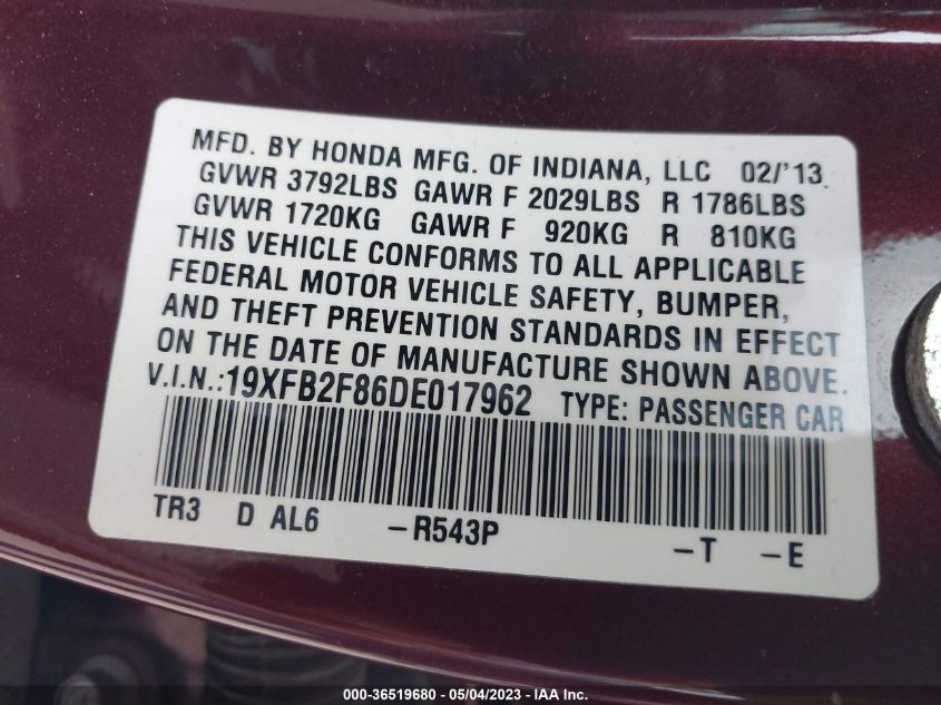 2013 HONDA CIVIC SDN EX - 19XFB2F86DE017962