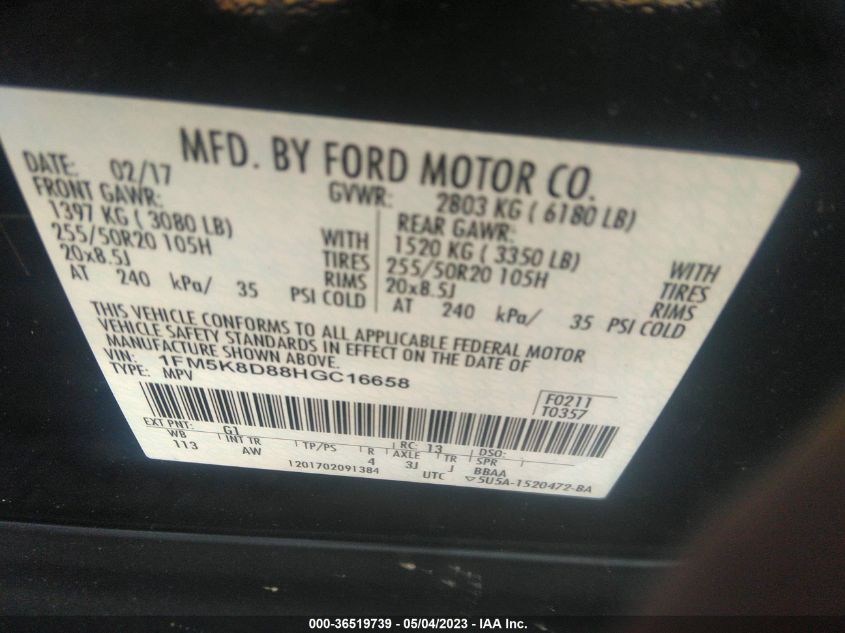 2017 FORD EXPLORER XLT - 1FM5K8D88HGC16658
