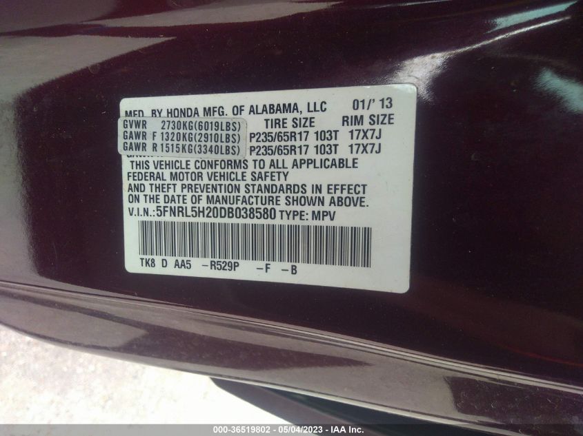 VIN 5FNRL5H20DB038580 2013 HONDA ODYSSEY no.9