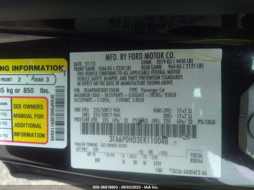 2014 FORD FUSION SE - 3FA6P0HD3ER110048