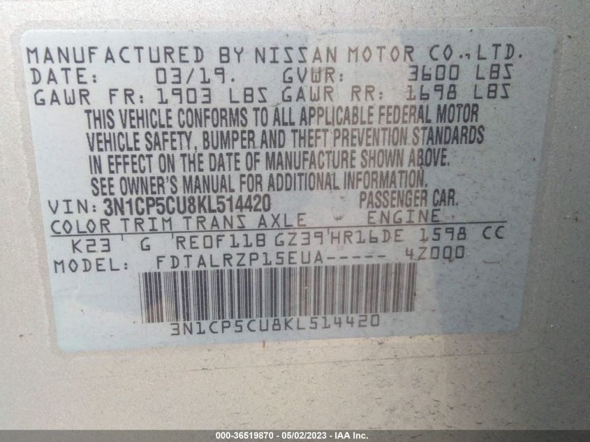 2019 NISSAN KICKS S - 3N1CP5CU8KL514420