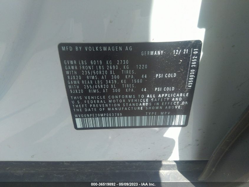2021 VOLKSWAGEN ID.4 PRO S WVGUNPE20MP063789