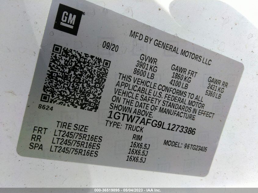 2020 GMC SAVANA CARGO VAN 1GTW7AFG9L1273386