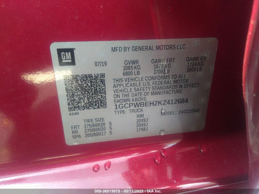 2019 CHEVROLET SILVERADO 1500 CUSTOM - 1GCPWBEH2KZ412684