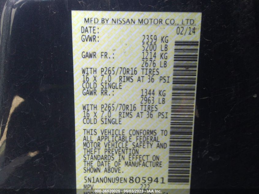 2014 NISSAN XTERRA X/S 5N1AN0NU9EN805941