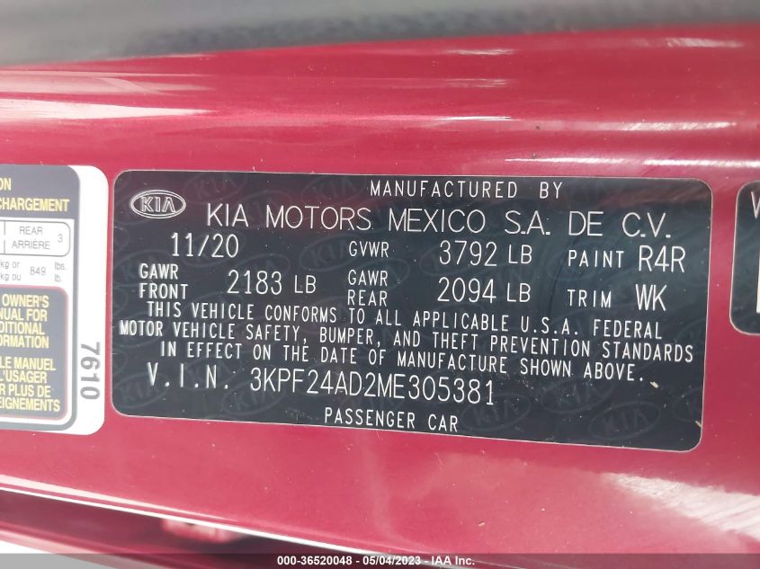2021 KIA FORTE LXS - 3KPF24AD2ME305381